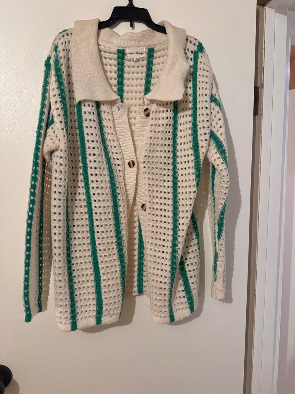 Open-Knit Cream Cardigan with Green Stripes